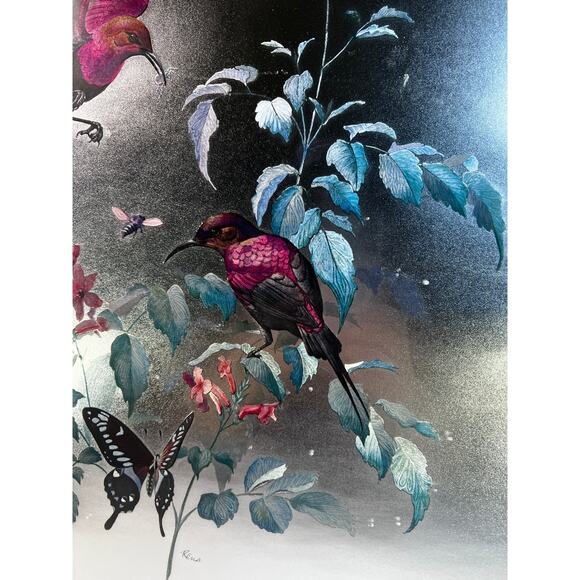 Large Foil Art Framed Vintage MCM Siver Nature Birds Butterfly Rena Hand Etched - Picture 4 of 16